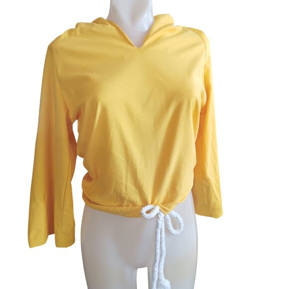 1OF1 Medium Boho Yellow Drawstring Hoodie Crop Top 1970's Handmade Hippy - Picture 1 of 5